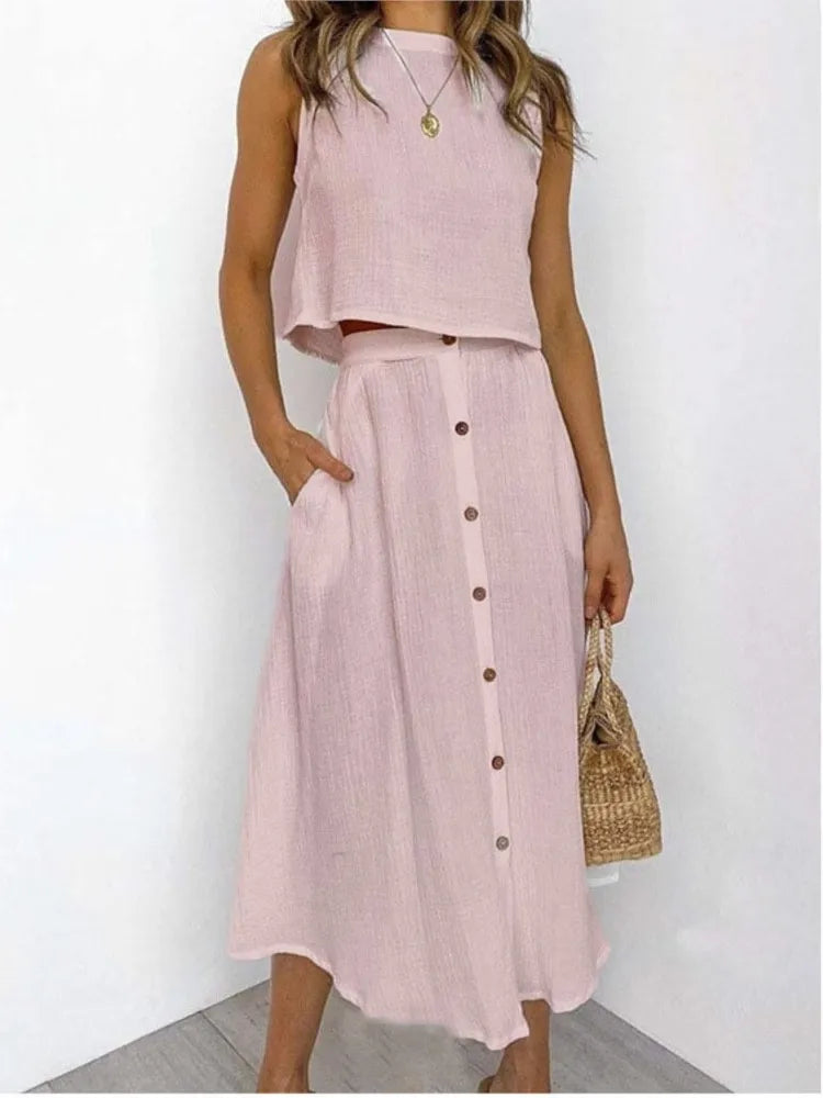 Eleanora Sleeveless Top And Button Midi Skirt Set