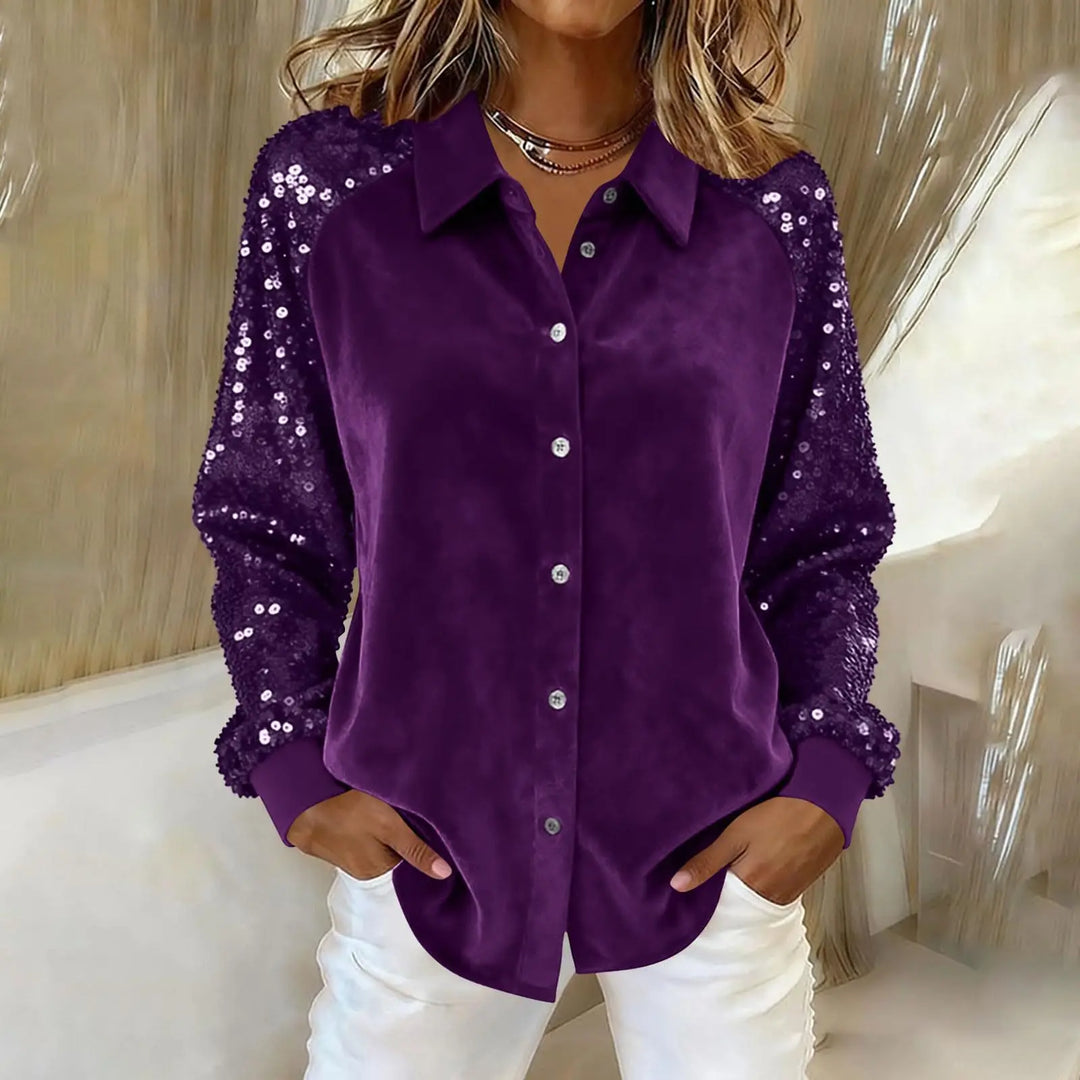 Purple velvet blouse with sequined sleeves, front view