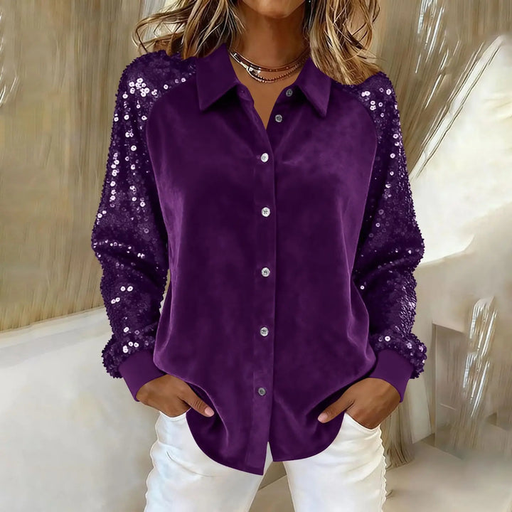 Purple velvet blouse with sequined sleeves, front view