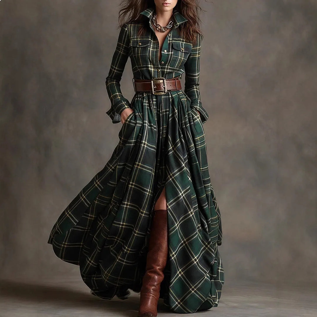 Woman wearing green plaid belted maxi shirt dress with knee boots