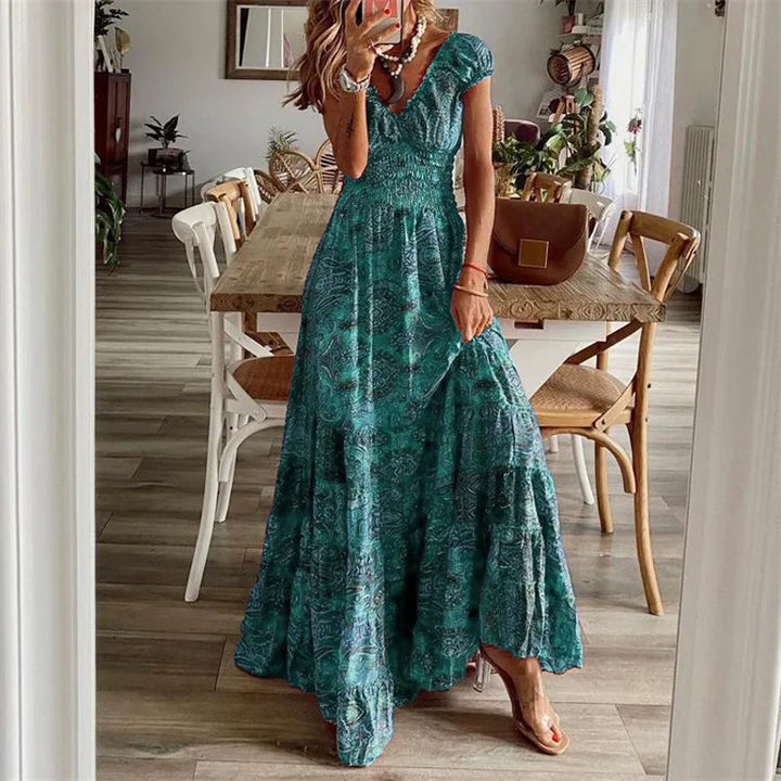 Lyra Bohemian Printed Petal Sleeve Maxi Dress