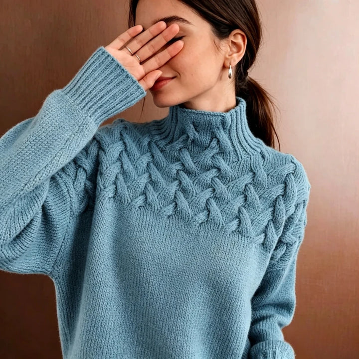 Sky blue turtleneck sweater close up on model