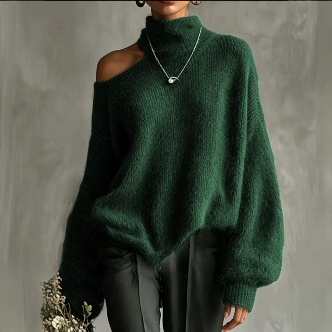 Woman wearing green cutout shoulder turtleneck sweater