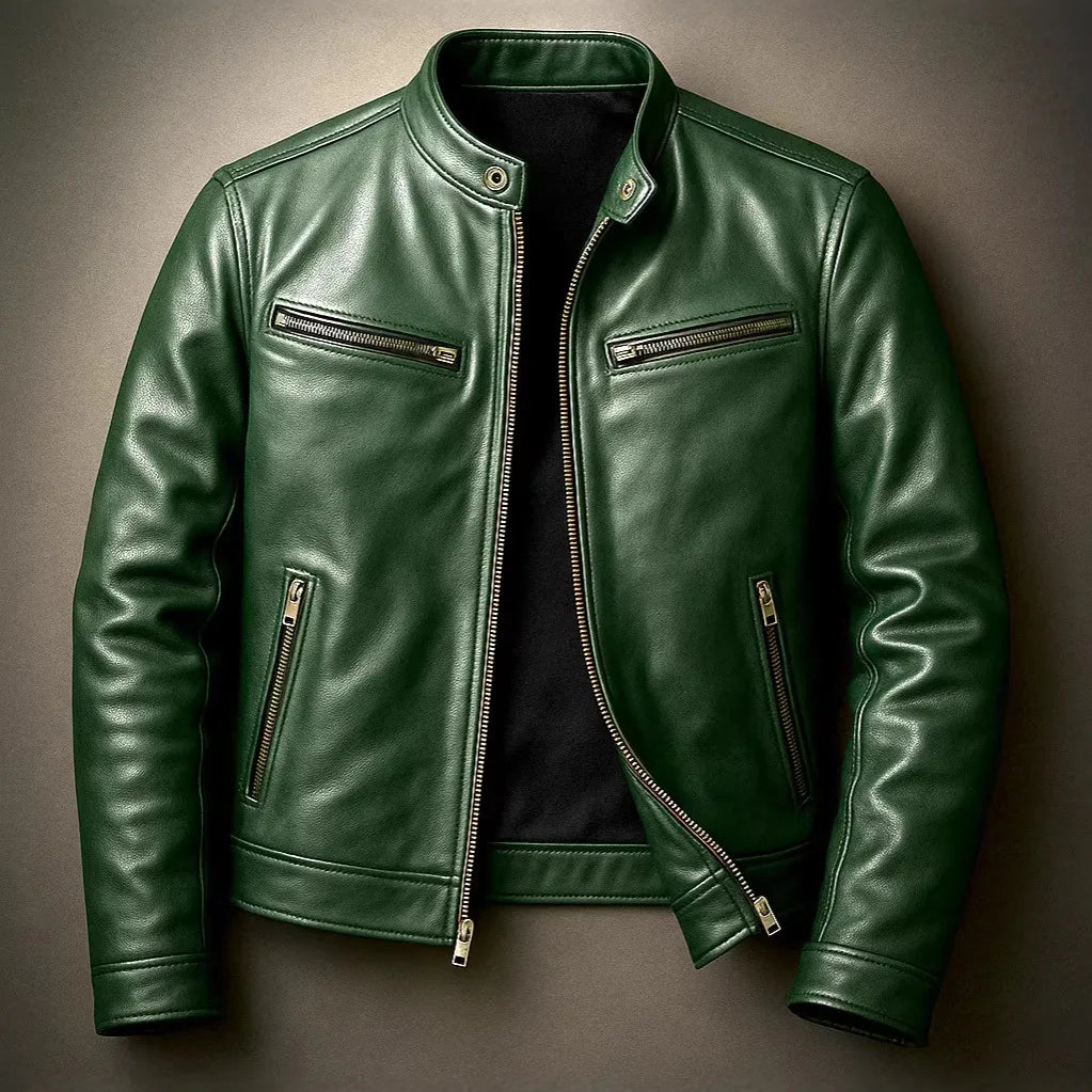 Dark green leather moto jacket, front view