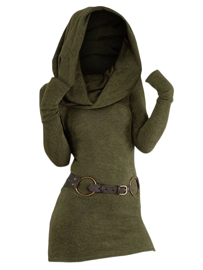 Deep green hooded sweater dress with belt, hood up