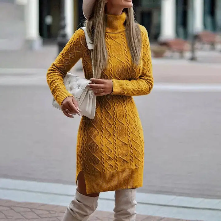Yellow cable knit turtleneck sweater dress, front view