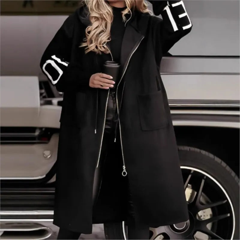 Black hooded long trench coat with contrast knit sleeves
