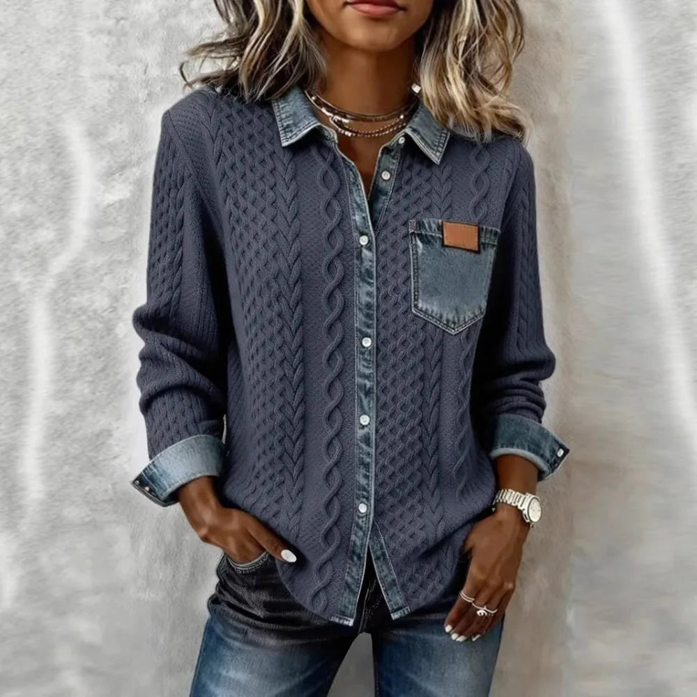 Navy blue cable knit shirt jacket with denim collar detail
