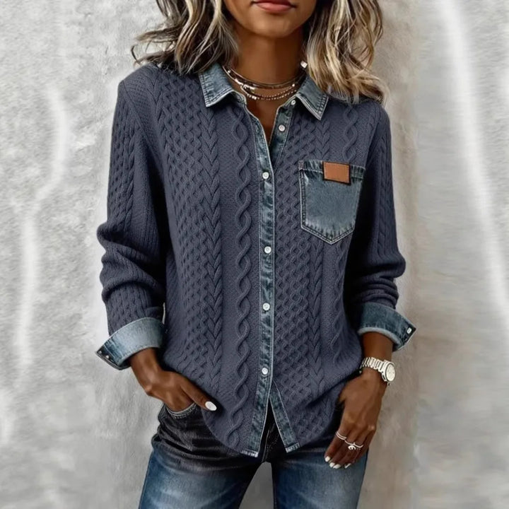 Navy blue cable knit shirt jacket with denim collar detail