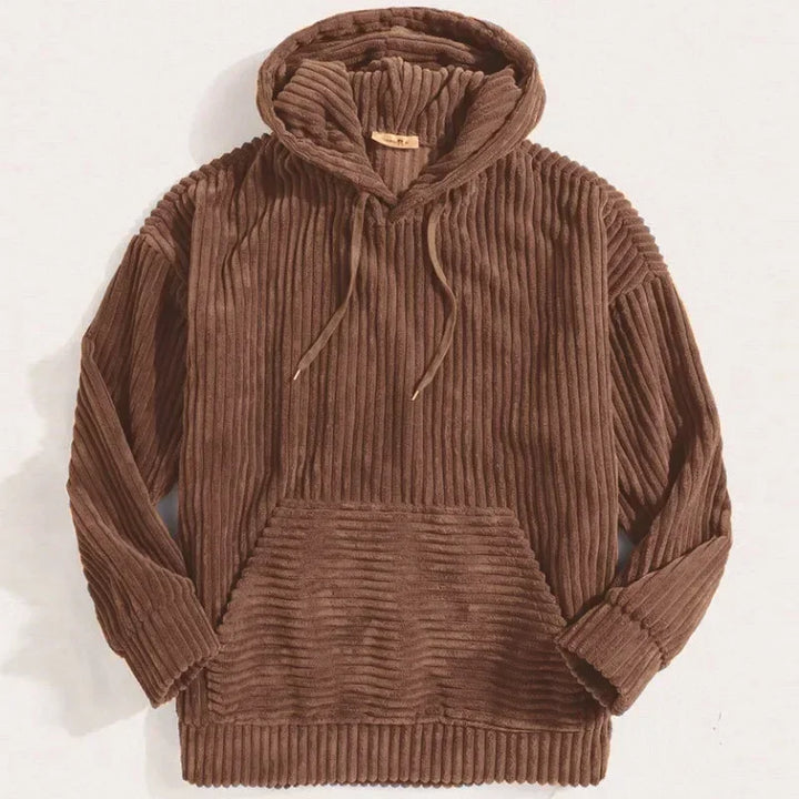 Brown corduroy hoodie front flat lay