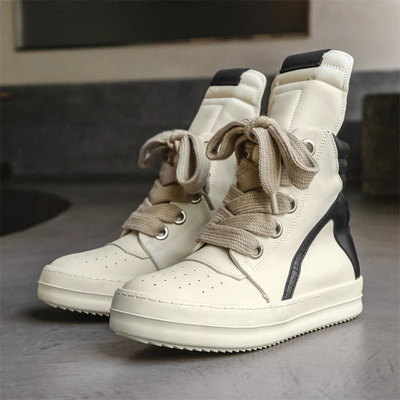 Beige high-top sneakers with black panel and side zip