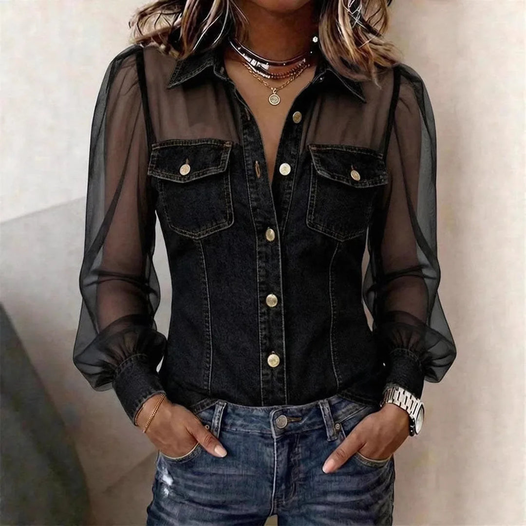 Cambria Sheer Sleeve Denim Blouse