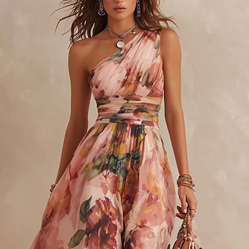 Close up of pink floral one-shoulder bodice and waist