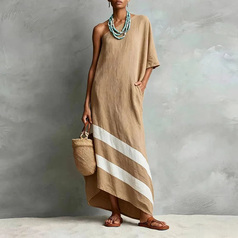 Khaki one-shoulder maxi dress with diagonal stripe hem