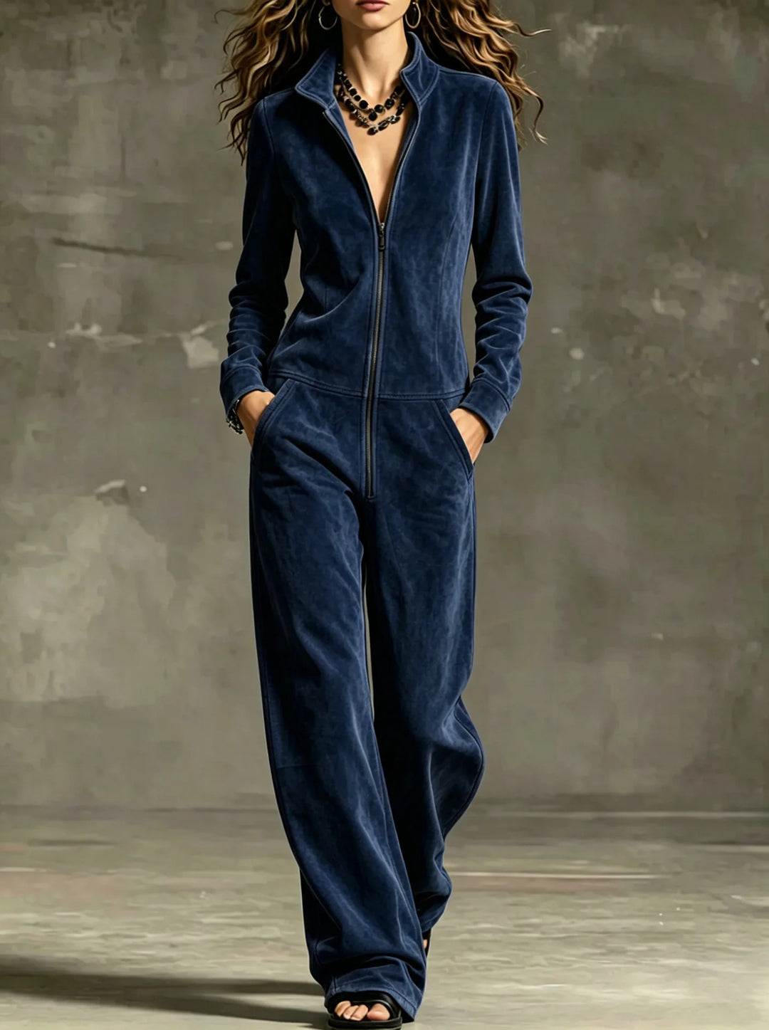 Model wearing deep blue front zip wide leg jumpsuit, front view