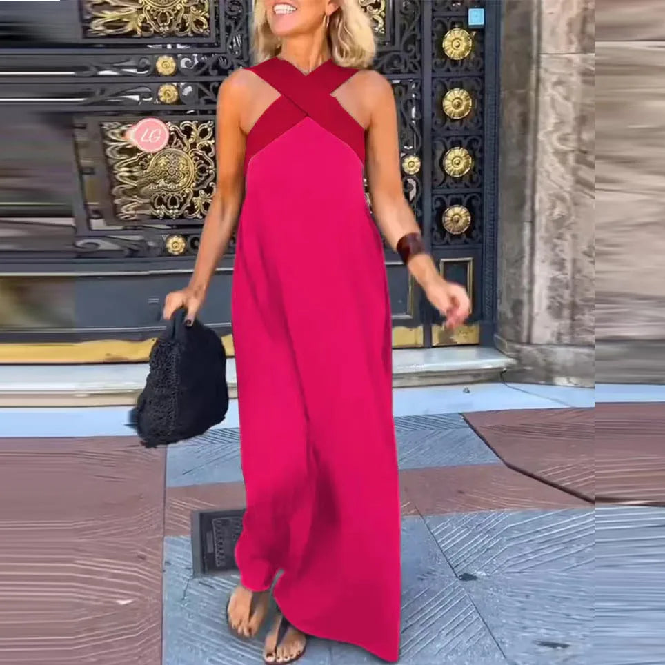 Valentina Contrast Halter Backless Maxi Dress