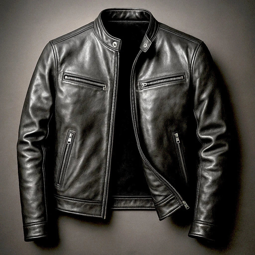 Black leather moto jacket with zippered pockets, front view