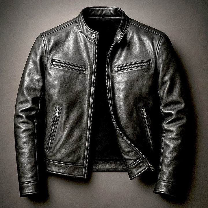 Black leather moto jacket with zippered pockets, front view