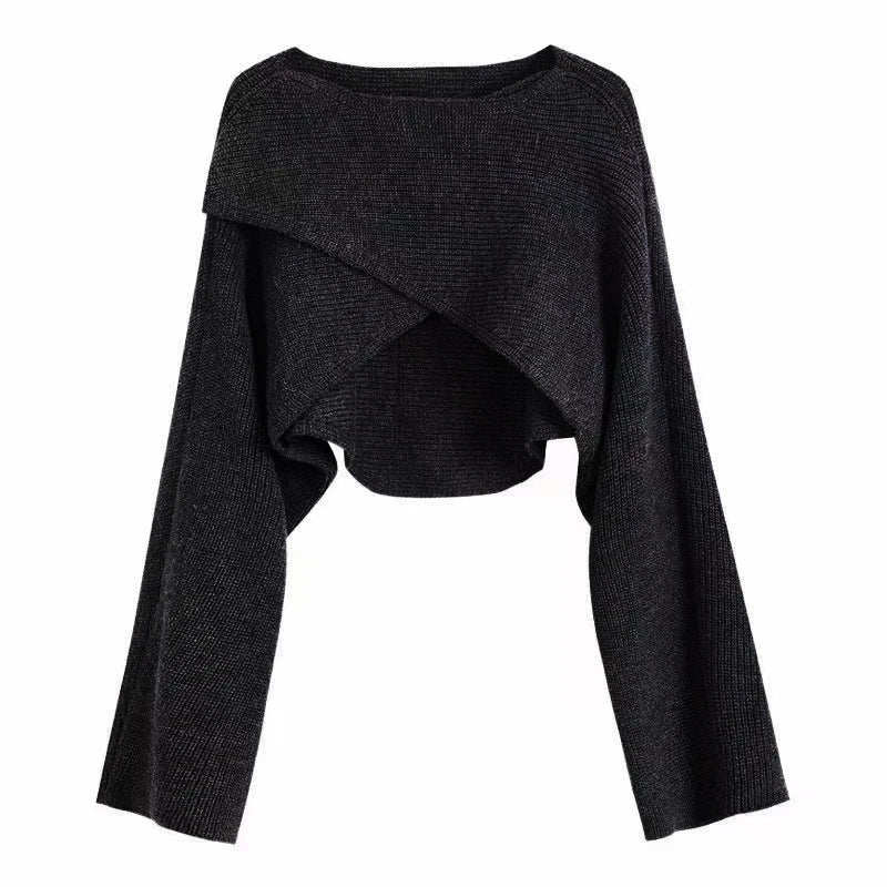 Black crisscross wrap crop sweater, flat lay front view