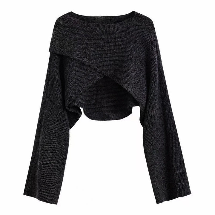 Black crisscross wrap crop sweater, flat lay front view