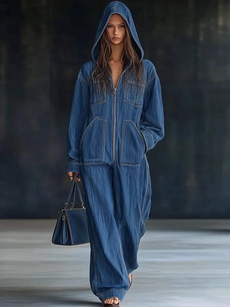 Woman wearing blue hooded denim jumpsuit full length front view