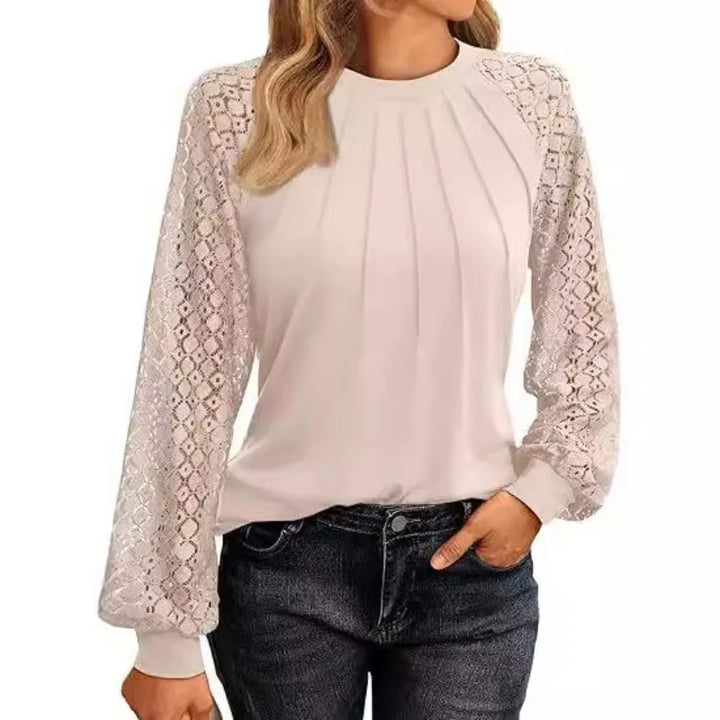 Beige pullover blouse with pintuck pleats and lace sleeves, front view