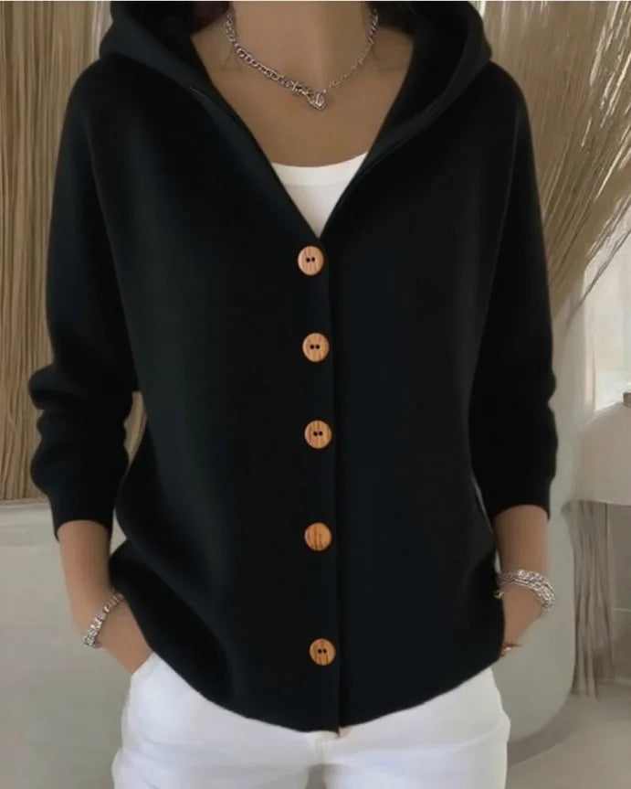 Black hooded button front knit cardigan, front view