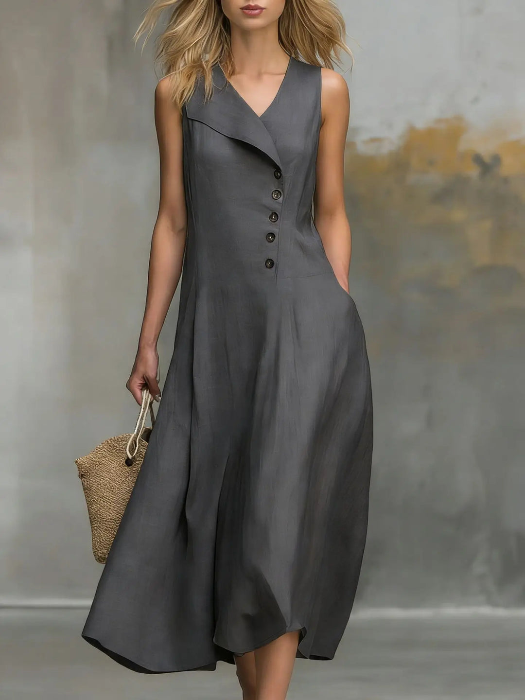 Kenna Button Detail Flowy Midi Dress