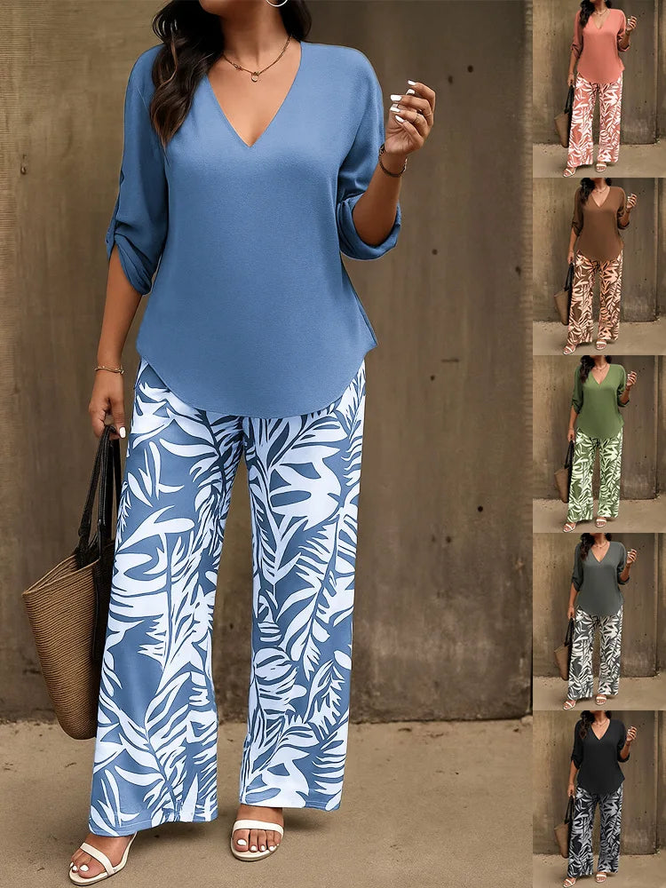 Emma V Neck Long Sleeve Printed Wide Leg Pants Set