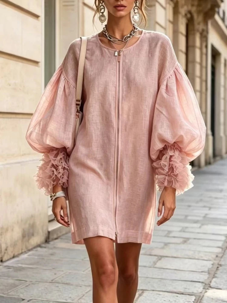 Pink mini dress with balloon sleeves and ruffle cuffs