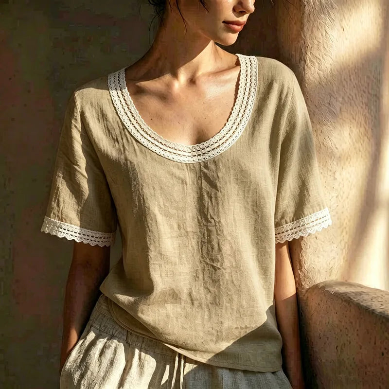 Valeria Lace Trim Linen Blouse