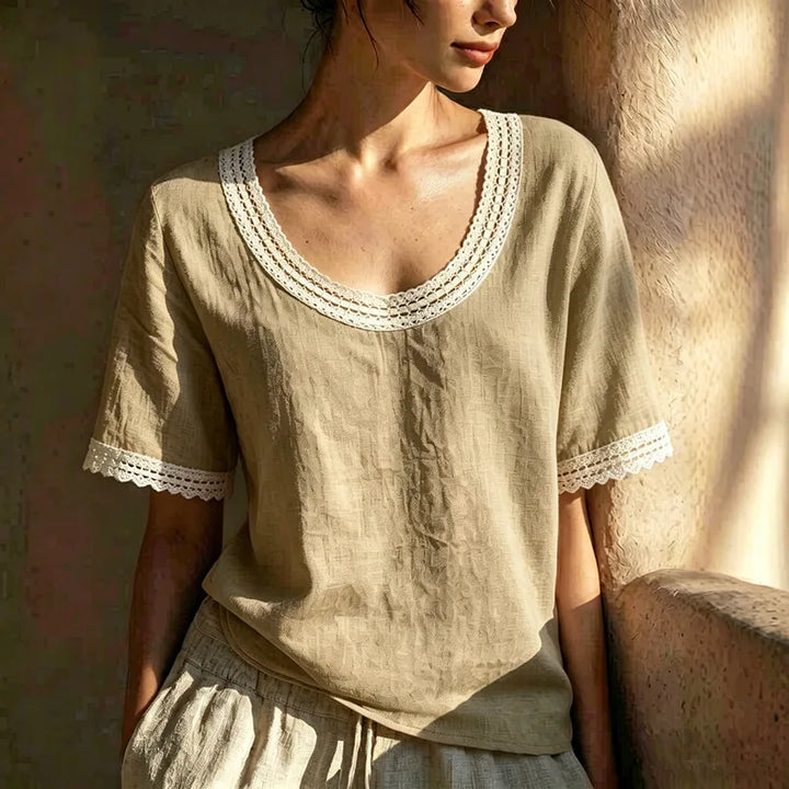 Valeria Lace Trim Linen Blouse