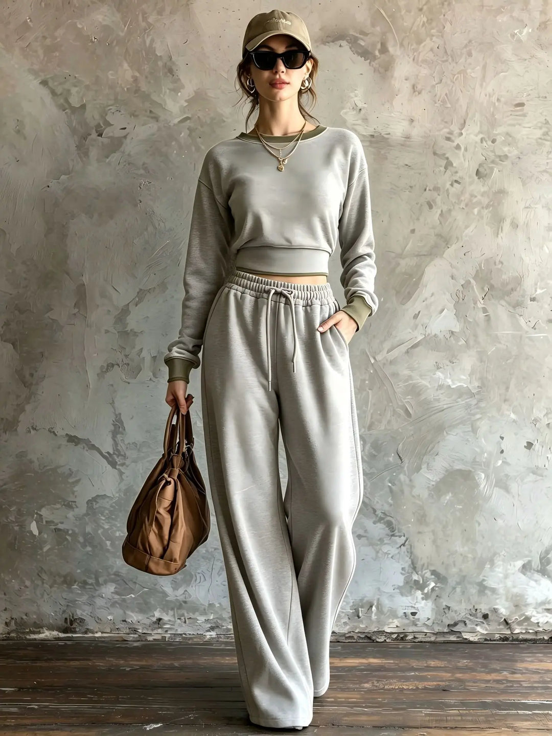 Woman in cap and sunglasses wearing light grey cropped sweatshirt and wide leg pants set