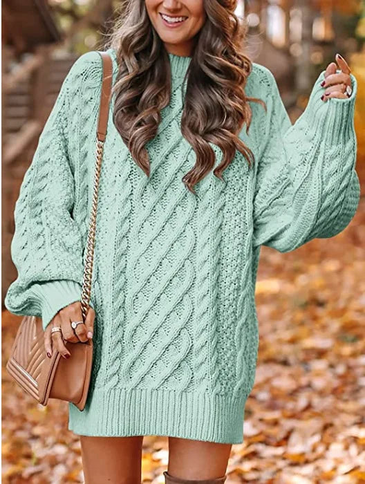 Mint green cable knit sweater dress close up