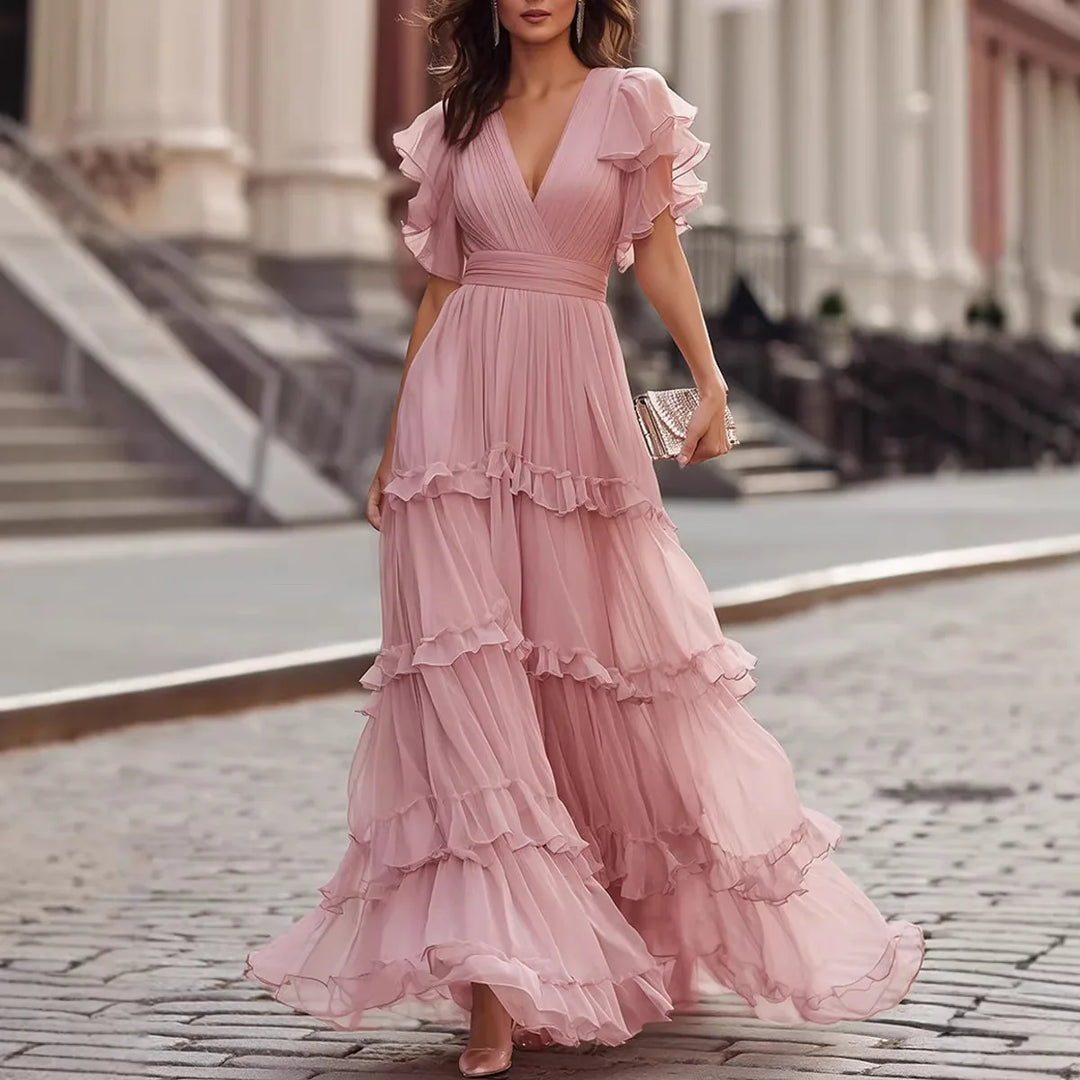 Pink tiered ruffle maxi dress with V-neckline, front view