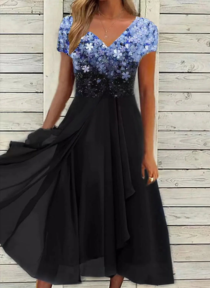Cecilia Lace Patchwork Short Sleeve Chiffon Midi Dress
