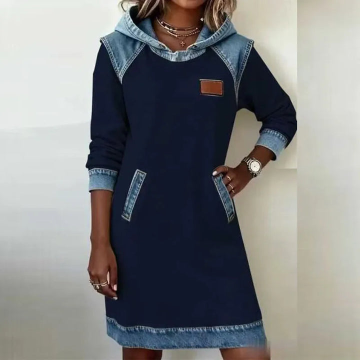 Navy blue denim-trim hooded sweatshirt dress front view