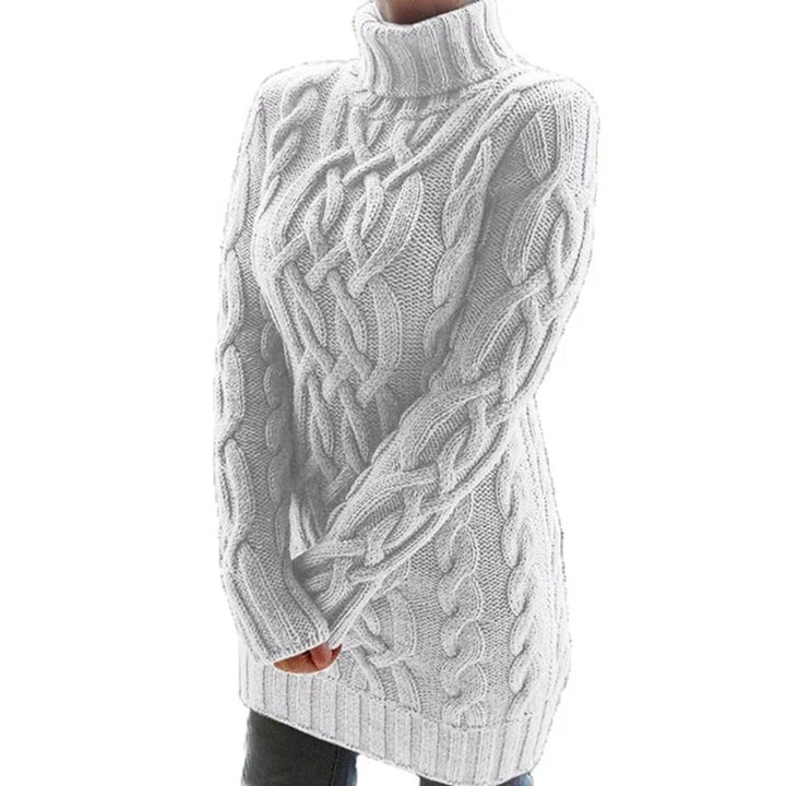 White cable knit turtleneck sweater dress, front angled view
