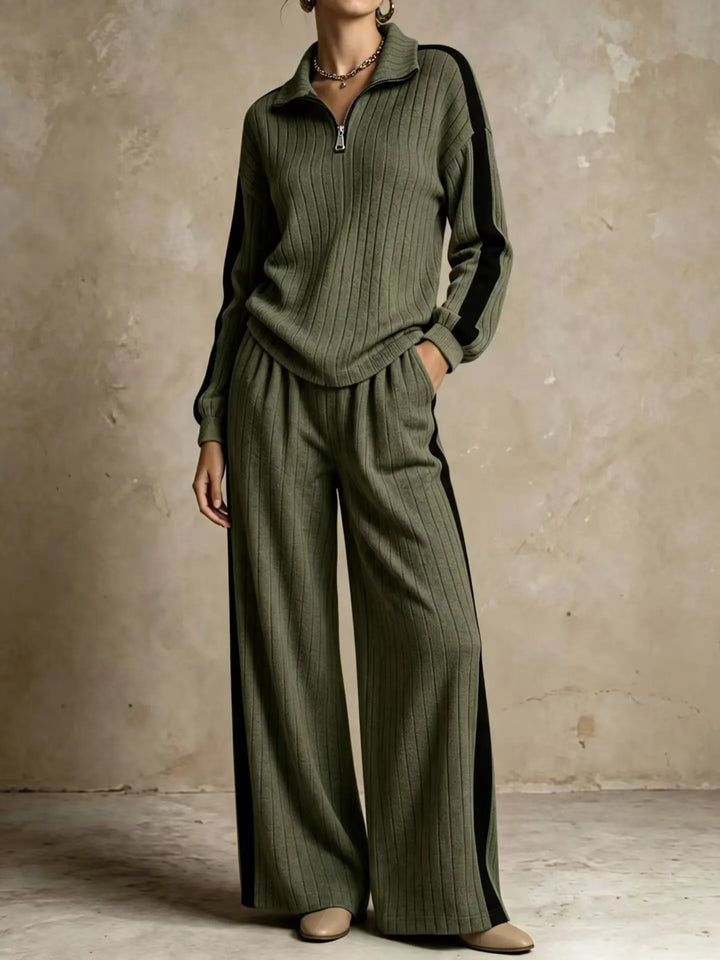 Woman wearing army green ribbed knit two piece set with black side stripe