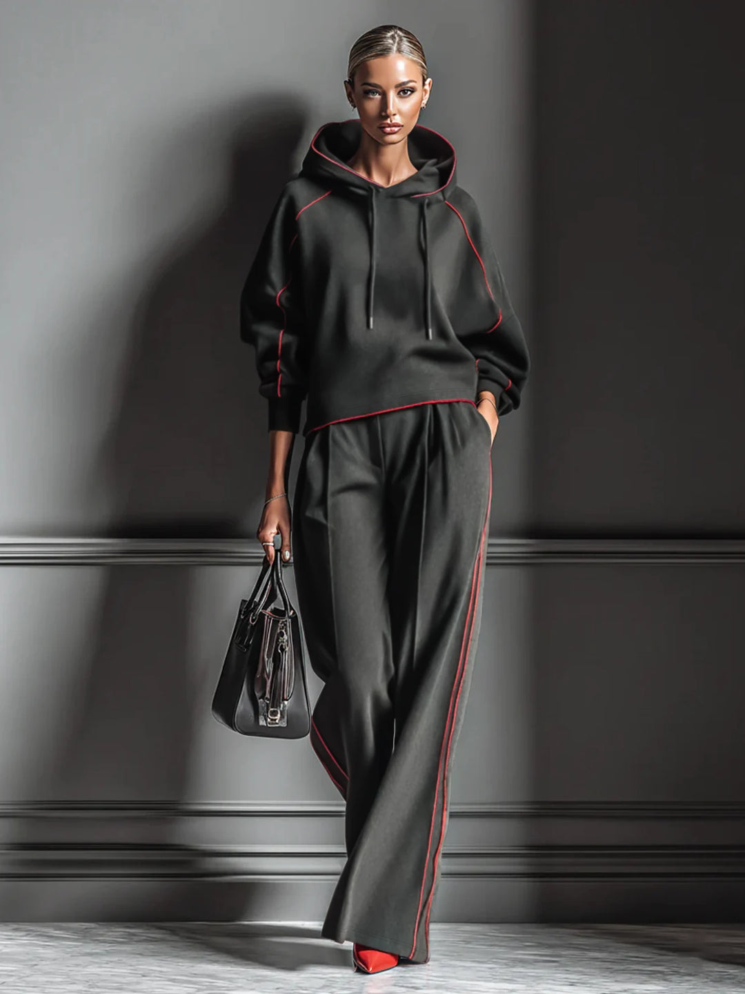Close up front view of black hoodie and wide leg pants set with red piping