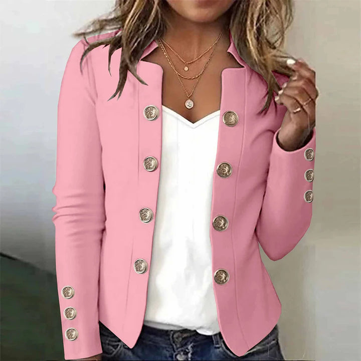 Pink blazer with gold button detail worn open