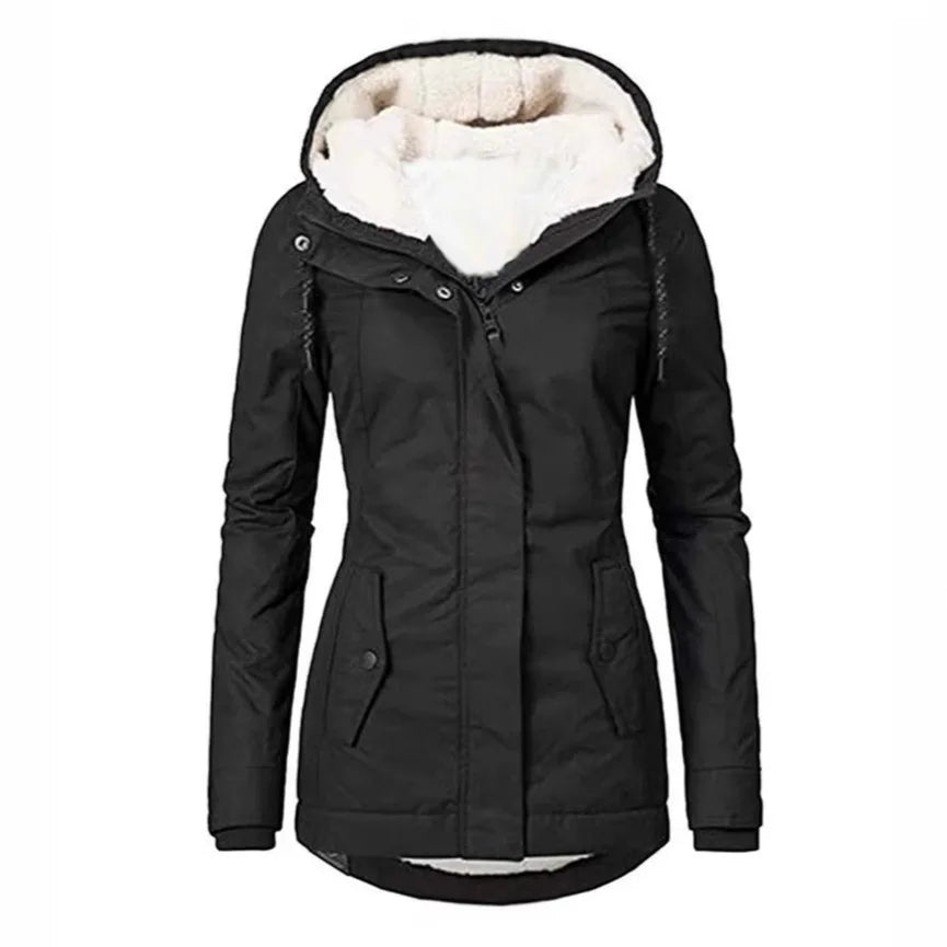 Black hooded parka jacket with sherpa lined hood, front view