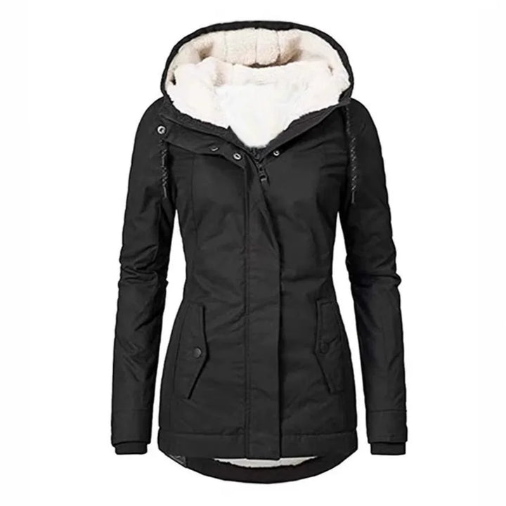 Black hooded parka jacket with sherpa lined hood, front view
