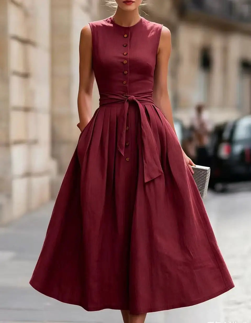 Harper Elegant Tie Waist Linen Midi Dress