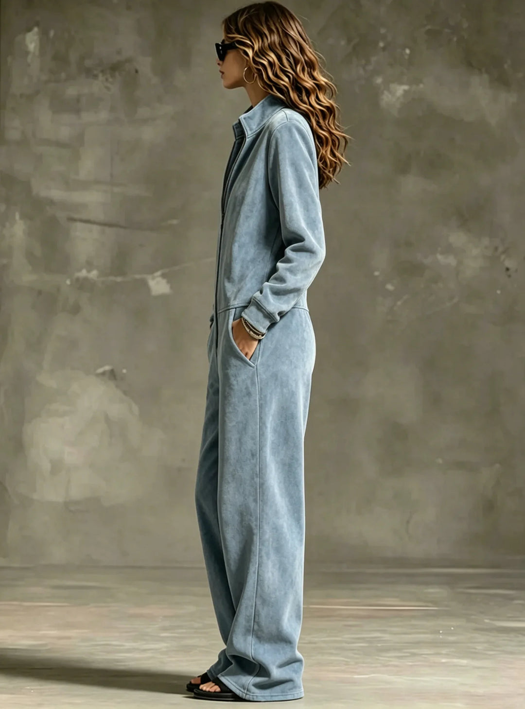 Model wearing dusty blue jumpsuit, side profile view