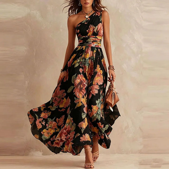 Black floral one-shoulder maxi dress front view