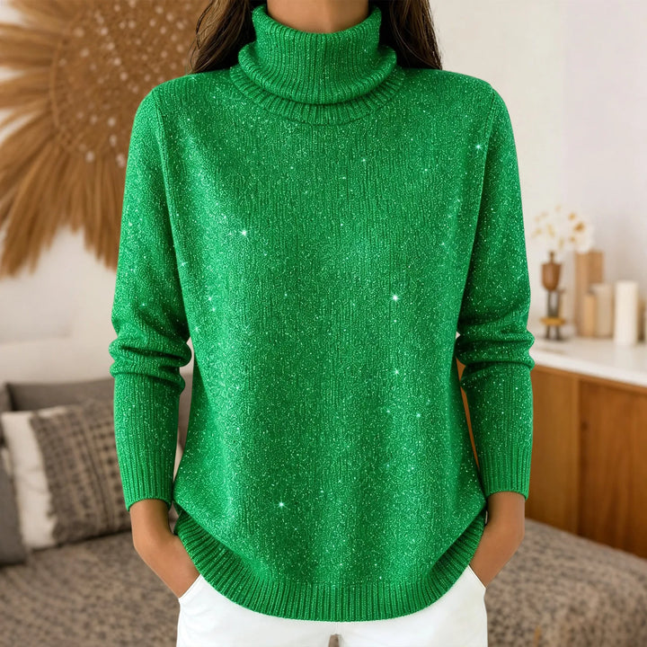 Woman wearing green sparkle knit turtleneck sweater