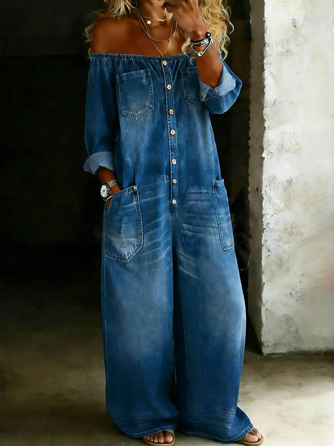 Annie Off Shoulder Denim Jumpsuit