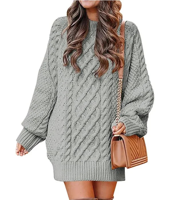 Gray cable knit sweater dress on white background