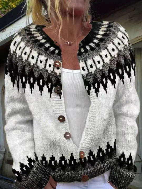 White and black Fair Isle patterned cardigan with wood buttons
